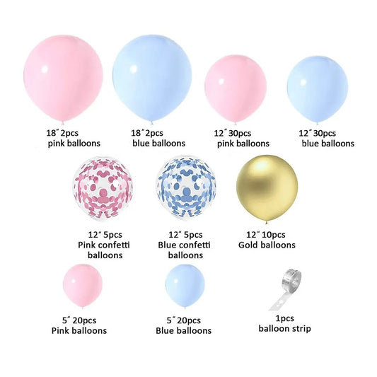 Baloane decorative pentru GENDER PARTY, Arcada Set 130  baloane, Arcul de Baloane Roz si Albastru, Baloane Confetti Aurii, Multicolor