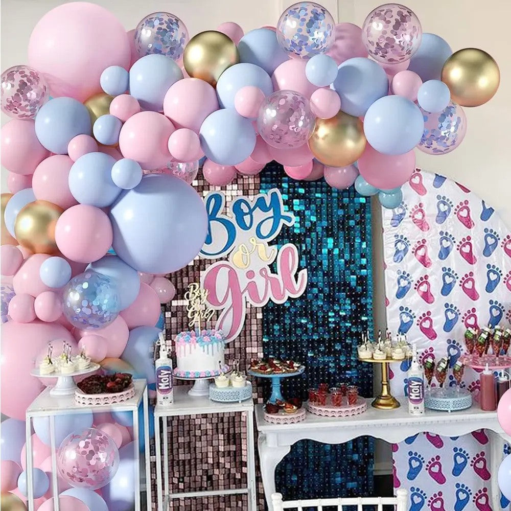Baloane decorative pentru GENDER PARTY, Arcada Set 130 baloane, Arcul de Baloane Roz si Albastru, Baloane Confetti Aurii, Multicolor