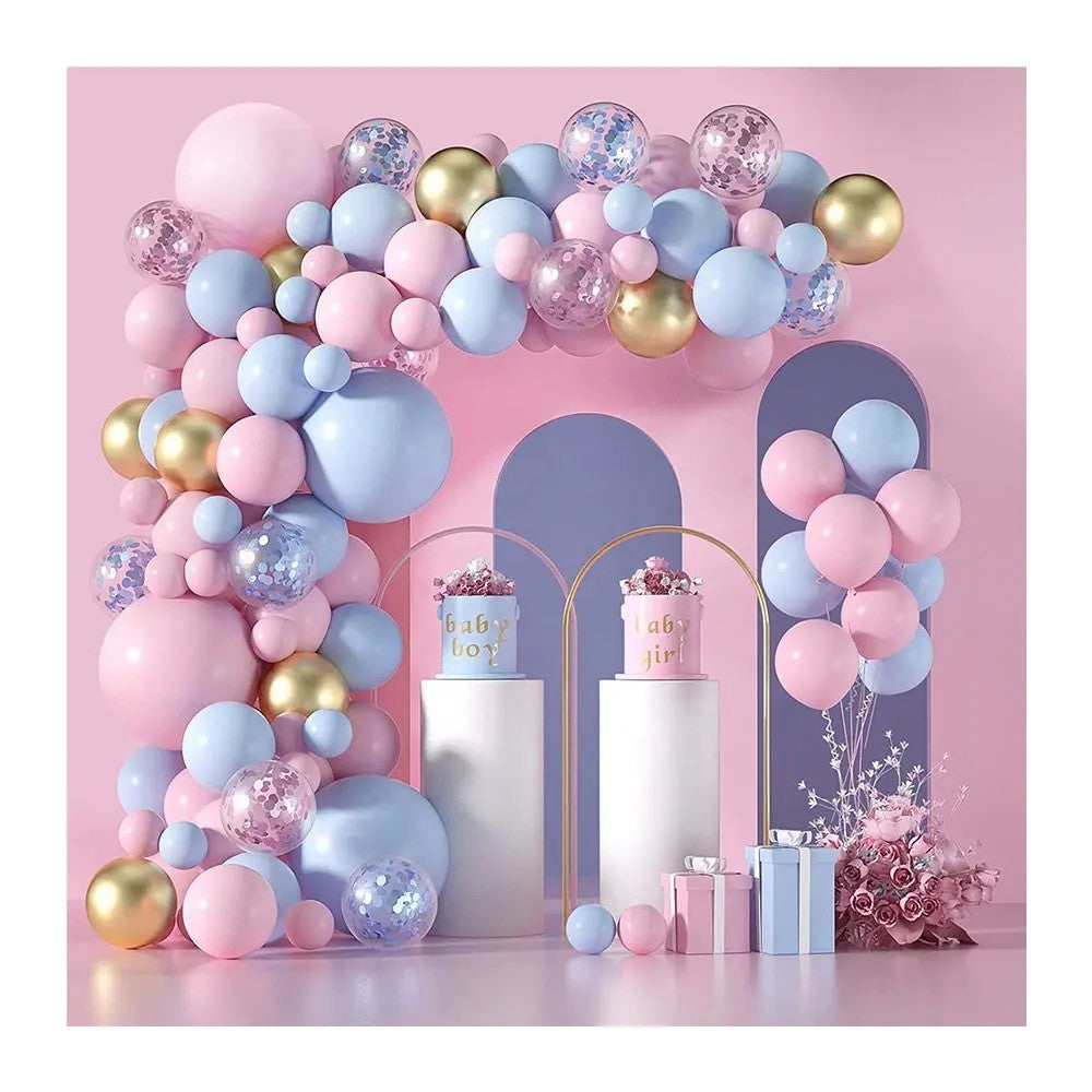 Baloane decorative pentru GENDER PARTY, Arcada Set 130 baloane, Arcul de Baloane Roz si Albastru, Baloane Confetti Aurii, Multicolor