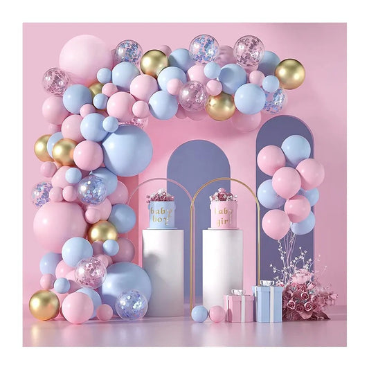 Baloane decorative pentru GENDER PARTY, Arcada Set 130  baloane, Arcul de Baloane Roz si Albastru, Baloane Confetti Aurii, Multicolor