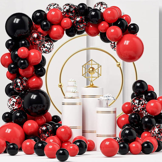 Baloane decorative pentru Nunta, Zi de Nastere, Evenimente, Arcada Set din 124 baloane, din latex, baloane cu confetii, Negru Rosu