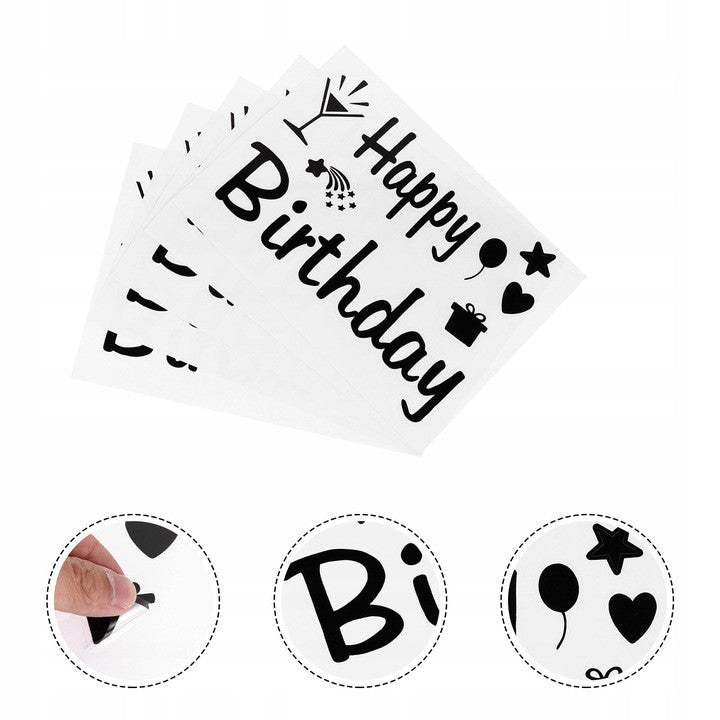 Sticker Autocolant pentru Baloane, Tematica Aniversare, Model Happy Birthday, 29x21 cm, Negru