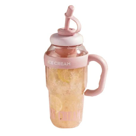 Sticla de Apa, Termica, Mentinere 6 Ore, 1400 mL, cu Pai si Capac, PP si Silicon, cu Maner Alb, 25.5x7.5 cm, Roz Deschis