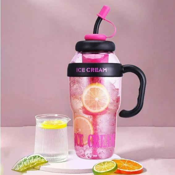 Sticla de Apa, Termica, Mentinere 6 Ore, 1400 mL, cu Pai si Capac, PP si Silicon, cu Maner Negru, 25.5x7.5 cm, Roz