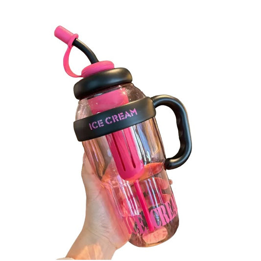 Sticla de Apa, Termica, Mentinere 6 Ore, 1400 mL, cu Pai si Capac, PP si Silicon, cu Maner Negru, 25.5x7.5 cm, Roz