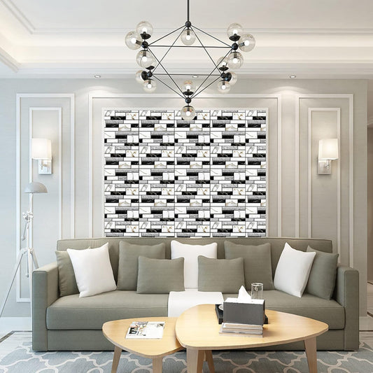 Set 10 x Placi Tapet Autocolant 3D cu Imitatie de Marmura, pentru Perete Bucatarie Sufragerie, Usor de Curatat, Rezistent la Apa, Autoadeziv, 30x30 cm, Alb Negru